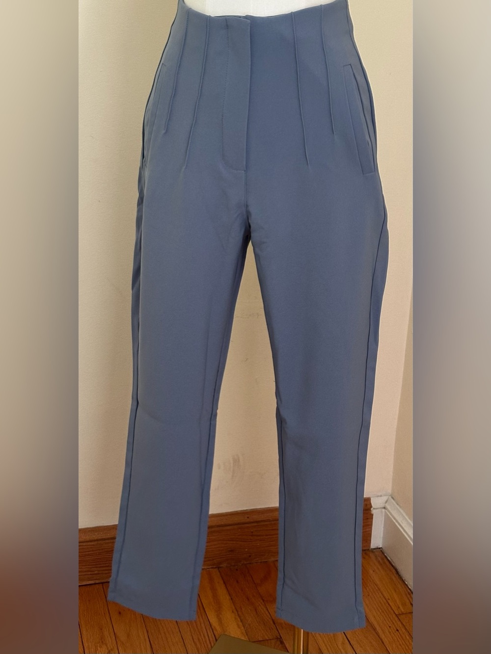 MEHAR Formal High-Waist Crepe Pleated Trousers Slate Blue Slim fit Pockets Sz S
